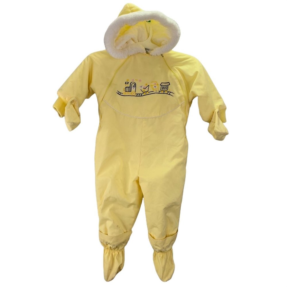 Vintage Atkins Baby Snowsuit size 24 mos Yellow Embroidered Train Hooded Mittens